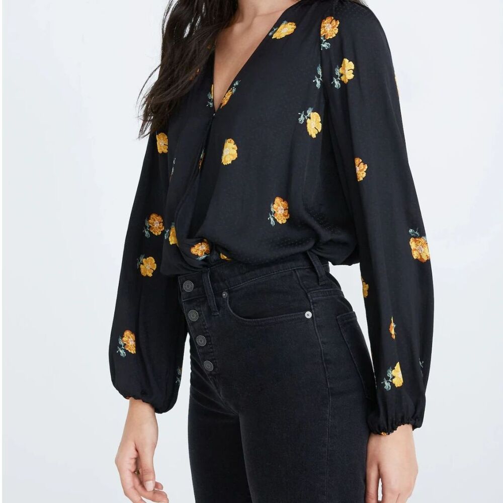 Madewell Floating Florets Bubble Sleeve Wrap Top Black Floral Jacquard Small